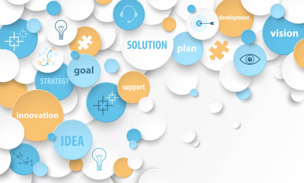 Composition de pastilles portant les mots strategy, plan, vision, goal et innovation