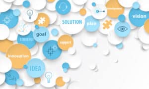 Composition de pastilles portant les mots strategy, plan, vision, goal et innovation