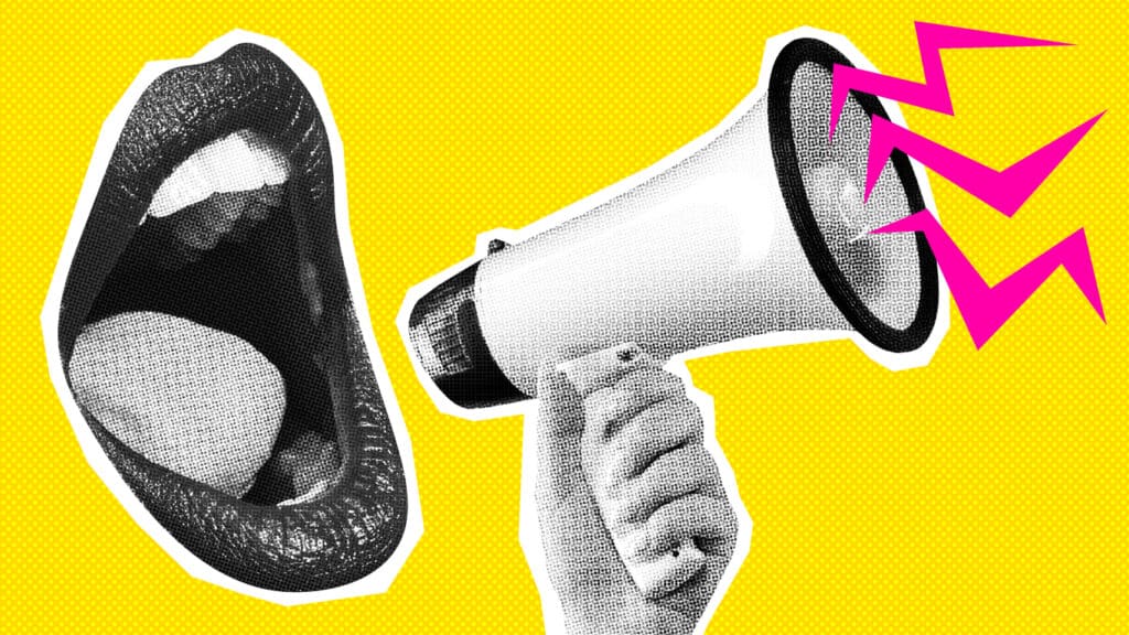 Bouche femme criant megaphone fond jaune communication media
